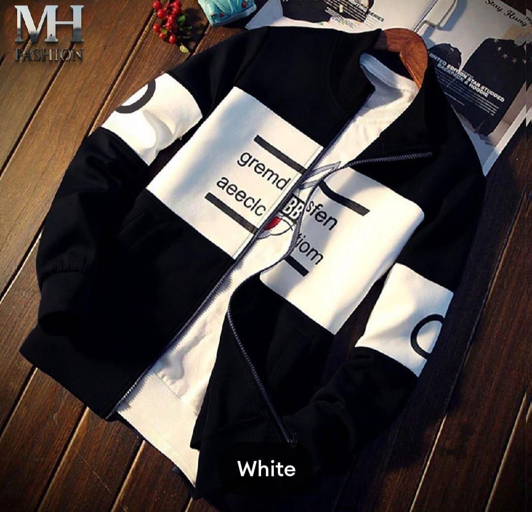 🔥 Men's Zipper Fleece Jacket - Black & White Printed Style | Warm & Stylish