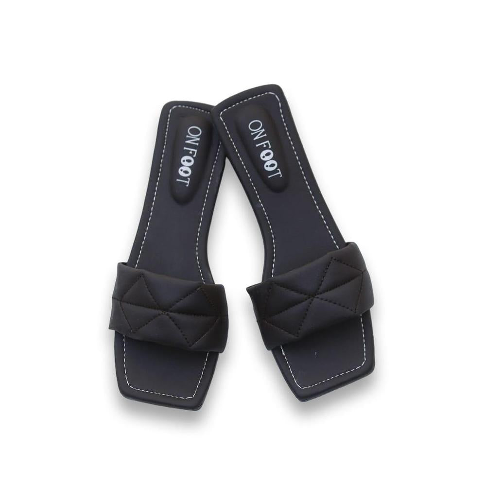 👡 Women's ON FOOT Black Quilted Slippers - Padded Comfort | Stylish Square Toe