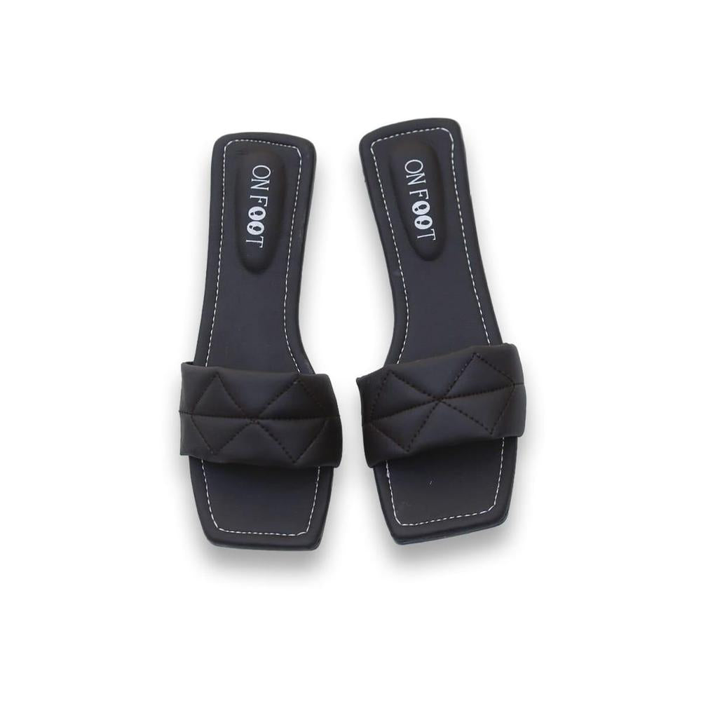 👡 Women's ON FOOT Black Quilted Slippers - Padded Comfort | Stylish Square Toe