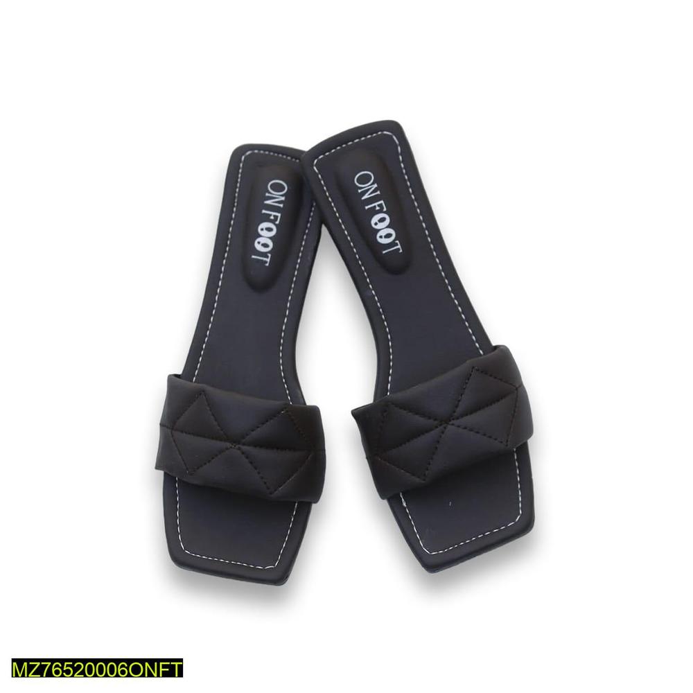 👡 Women's ON FOOT Black Quilted Slippers - Padded Comfort | Stylish Square Toe